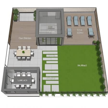 კერძო სახლის კეთილმოწყობილი ეზო